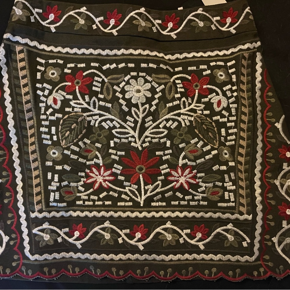 Embroidered Floral Mini Skirt in Black with Red & Cream Detail
